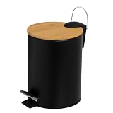 Papelera de ba&ntilde;o de pedal negro mate redonda de 5 litros con tapa de bamb&uacute;