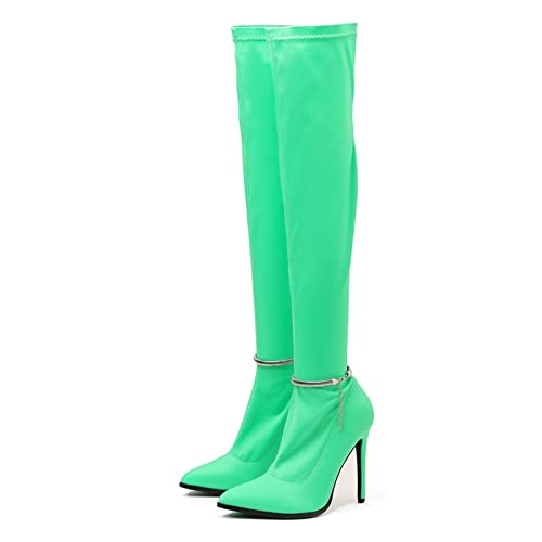 Damen Oberschenkel Hohe Stiefel, 11,5 cm Fashion Stiletto Overknee Stiefel 35-41 Elastischer Stoff Sexy Ritterstiefel Bonbonfarben Lange Kniehohe Für Ladies Party Catwalk Nightclub,Grün,39 Cover