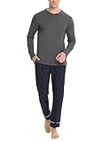 NC Pijama Hombre Largo Algodón con Mangas Largas Comfortable 2 Piezas Conjunto de Pijama Largo Hombre a Rayas Cuello Redondo Ropa de Dormir Suave Cómodo