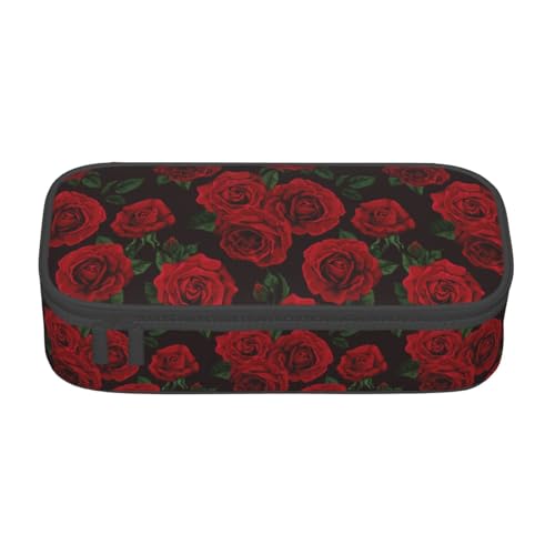Image of Red And Black Rose Pencil Case Big Capacity Storage Pencil Pouch Stationery Bags With Zipper Portable Pen Holder Box Organizer For Boys Student College School Office Supplies