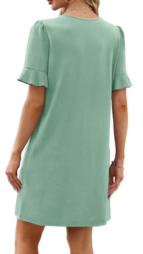 Image of OFEEFAN Summer Dresses for Women Ruffle Short Sleeve V Neck Casual Shift Dress with Pockets
