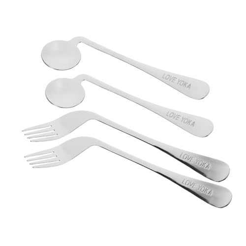 HOMOBABE 高齢者用湾曲フォークと斜めスプーン ステンレス製耐変形患者用給餌器具 ベッド介護向け滑らか表面食器