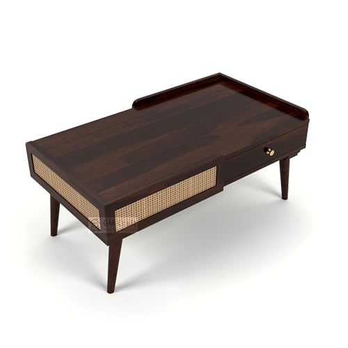 Image of Solid Sheesham Wood Coffee Table for Living Room | Centre Table with Storage Drawer & Cane Work | Modern Wooden Table for Home Office | 40.5x22x18 Inch | Walnut Finish