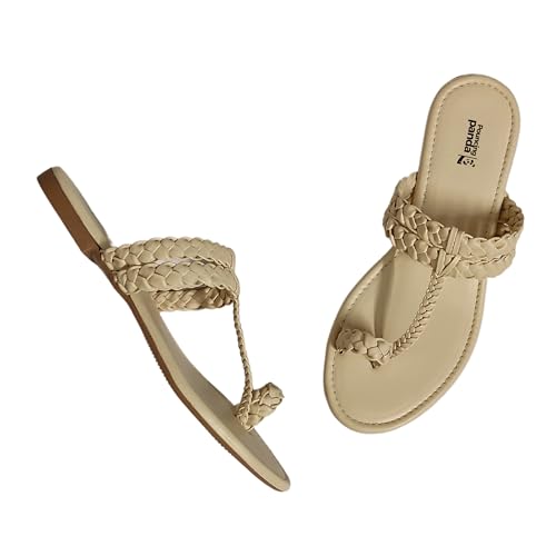 Image of Women's Round Toe Flats Sandal | Hand Braided Toe Ring Sandals | Dailywear Slippers Under 500 | Open Toe Kolhpauri Style chappal for Ethnic and Casual Occassions.