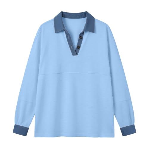 XINGJIAARTS V Neck Sweatshirt Women Oversized Patchwork Denim Button up Collared Tops Long Sleeve Leopard Printed Pullover - image 3
