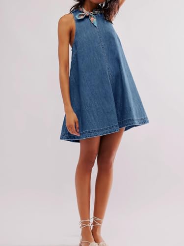 Image of utcoco Women's 2026 Summer Sleeveless Denim Mini Dress Back Cut Out A Line Swing Jean Tank Dress