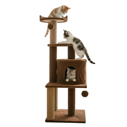 Image of Soft Fur Activity Scratching Post /Cat Tree for Kittens & Cats - Natural Sisal Rope Triple Platform Tower (Height 43 Inch) (Brown -3FLOOR)