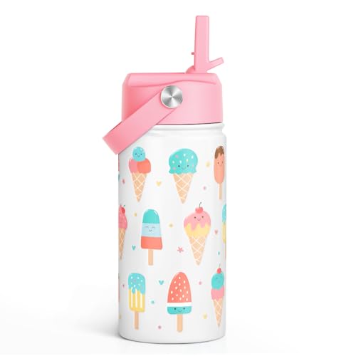 Image of SANDJEST Ice Cream Kids Water Bottle With Straw Lid 12oz Insulated Stainless Steel, Travel Tumbler, Gifts For Girls, Birthday, Christmas, Back To School