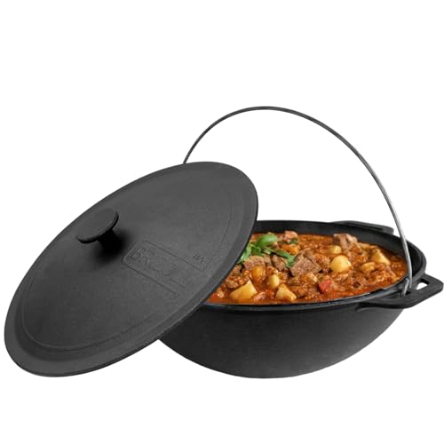 4BIG.fun 10L Gusseisen Schwenktopf Kazan Asia Kasan mit Deckel aus Gusseisen Grillwok Wokpfanne Grill Cast Iron Campingtopf Kessel Wok Traditioneller
