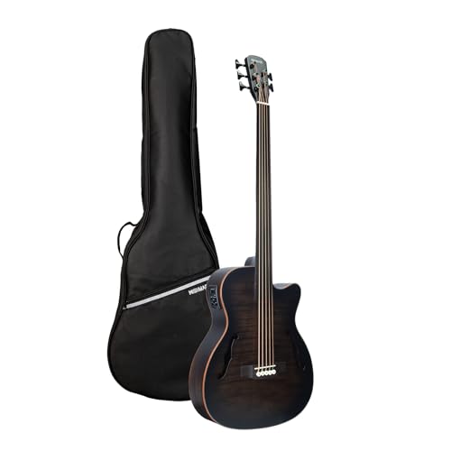 WishMade Acoustic Fretless Bass Guitar Hollow Body With F-Holes 5 String Lightweight Bass Guitar for adults, Flamed Maple Top With Gig Bag（BK FL）