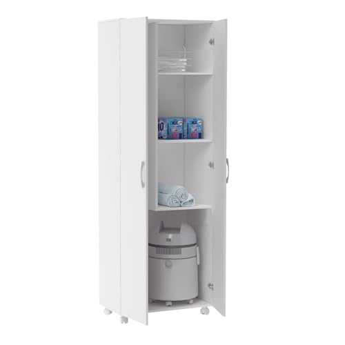 Buyqualia Armario Escobero Multiusos Dos Puertas, Ruedas, Color Blanco (Alto 183 / Ancho 72 / Fondo 41) Cm