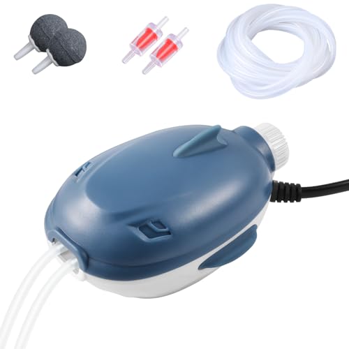 Dirvin 静かな水槽エアーポンプ、2つ吐出口のデュアルモーター強力なエアーポンプ、可調節水槽 エアレーション、300L以下の水槽に適しています、2.5W