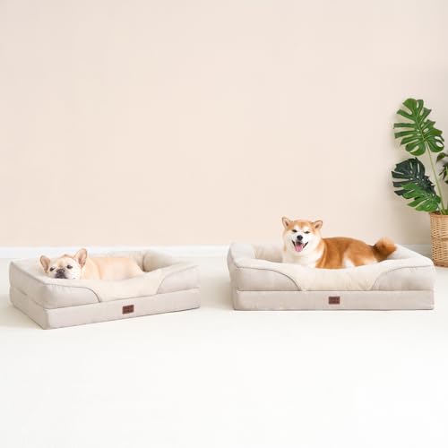 EHEYCIGA Orthopädisches Hundebett Mittelgroße Hunde, 91x68x17.5cm, Memory Foam Waschbar und Wasserdicht Hundekorb mit 4 Rändern, Hundesofa Hundecouch rutschfest, Beige