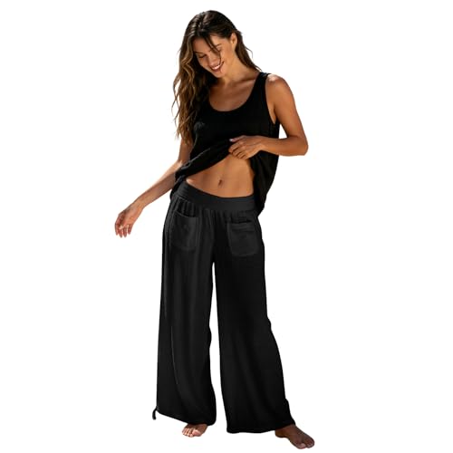 Pantalon femme été fluide lin coton jambe large décontracté ample