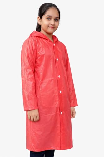 Image of Nephar Kids Boys & Girls Waterproof Hooded Raincoat | Long Length PVC Rain Wear Jacket | Lightweight Full Sleeve Button Closure Monsoon Coat