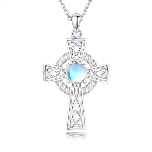 DAYLINLOVE Celtic Cross Necklace 925 Sterling Silver Moonstone Celtic Knot Pendant Necklace Irish Celtic Jewelry Birthday Gifts for Women Girls Mother