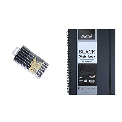 Image of BRUSTRO Technical Pen (Pack of 6) Black Sketchbook, Wiro Bound, Size A4, 200GSM (40 Sheets) 80 Pages