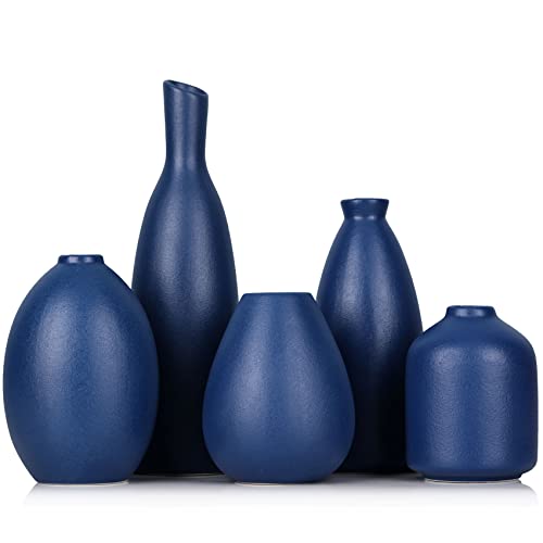 Blue Ceramic Vase - Set of 5 Blue Bud Vases, Modern Farmhouse Navy Blue Decorative Vases for Home, Office, Living Room, Table Decor - Ideal Centerpieces for Flowers, Shelf and Fireplace Accents