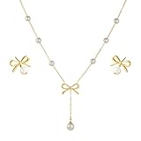 Vbvbip Elegant Stainless Steel Pearl Pendant Necklace & Earrings Set for Women, Hypoallergenic Jewelry Gift Set, Classic Boho Bridal Party Accessories