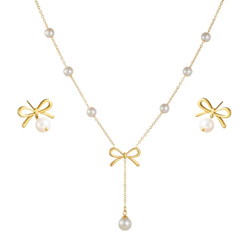 Vbvbip Elegant Stainless Steel Pearl Pendant Necklace & Earrings Set for Women, Hypoallergenic Jewelry Gift Set, Classic Boho Bridal Party Accessories