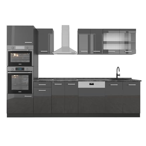 Vicco Küchenzeile R-Line, Anthrazit Hochglanz, 300 cm mit Hochschrank, AP Anthrazit, zur individuellen Kombination und Erweiterung geeignet