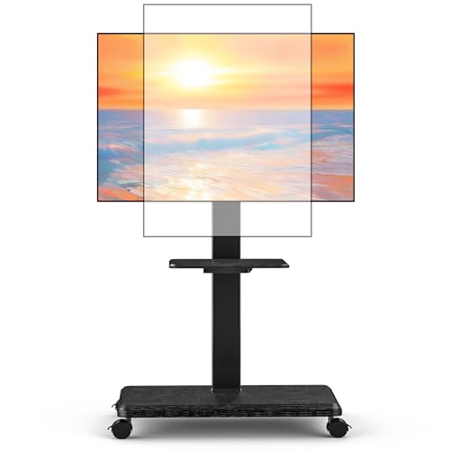 Neothm Mobile TV Stand on Wheels for 32-75" TVs Wooden Base| 60° Swivel & Tilt | Portrait/Landscape Rotation Height Adjustable Portable TV Cart with Shelf | 50kg for Living Room/Office/Outdoor black