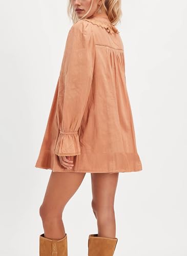 Long Sleeve Babydoll Dresses Women Fall V Neck Lace Trim Mini Dress Flowy Puff Sleeve Tie Front A-Line Tunic Dress3