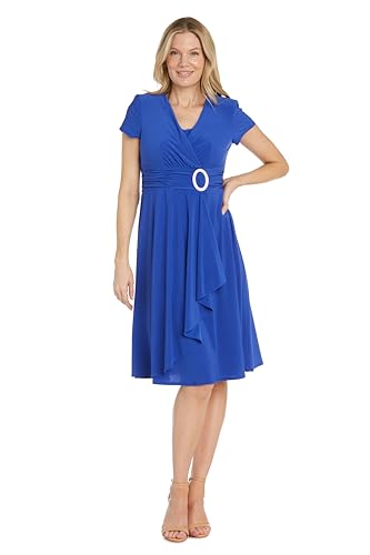 Image of R&M Richards Women's Cascade Wrap Dress with V-Neck & O-Ring Rhinestone Buckle, Work to Weekend Short Sleeve Flowy Silhouette