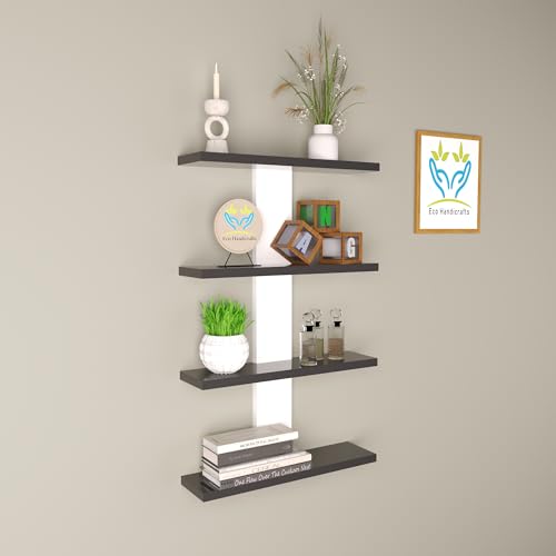 Image of Wooden Wall Mounted Floating Rack Shelves Book Stand Display Hanging Shelf Living Room Bedroom Storage Home Office for Decoration Showcase (Black White)