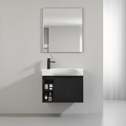 Image of 26 inch Wall Mounted Bathroom Vanity with Integrated Ceramic Sink, Modern Floating Bathroom Cabinet with Soft-Close Door & 2 Open Storage Shelves, Small Bath Vanity Set, Easy to Clean, Dark Oak