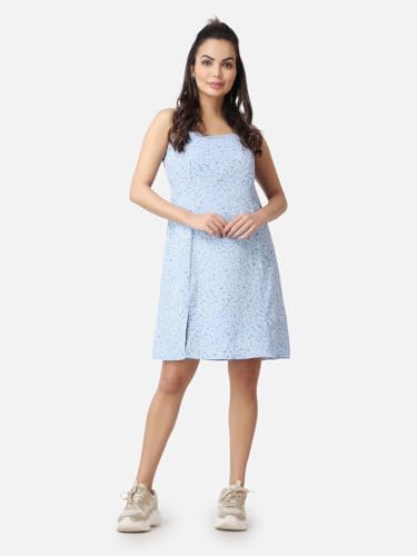 Image of POPWI1NGS Casual Printed V-Neck Short Sleeves Knee-Length Fit and Flare Dress for Women || Frokc-Style Summer Wear Dresses for Women || Loose-Fit Comfortable Women Dress for Regular Wear
