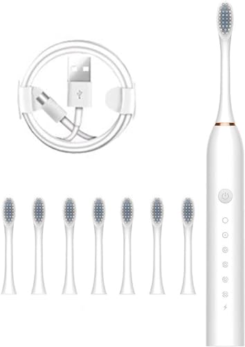 大人用 電動歯ブラシ 替えブラシヘッド7本付き 柔らか毛 6モード 1回の充電で60日間使える 防水電子歯ブラシ デンタルケア クリーニング ピンク/548 (Color : 1) White)