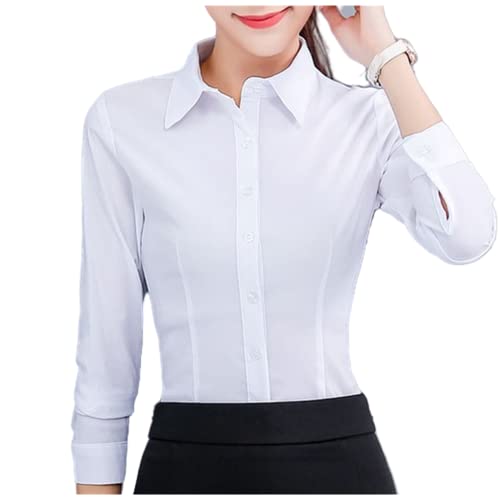 Camisas femininas NP Camisa branca Manga Feminina Rosa Blusa Básico Blusas, Branco, XX-Large