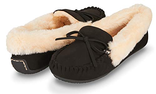 Floopi Womens Indoor/Outdoor Basic Memory Foam Moccasin Slipper W/Faux Fur Collar (8, Black-324)