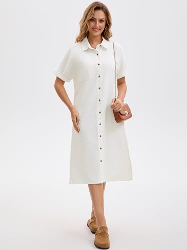 Image of Women's Midi Denim Dress Summer Short Sleeve Button Down Casual Loose Long Tunic Jean Shirt Dress