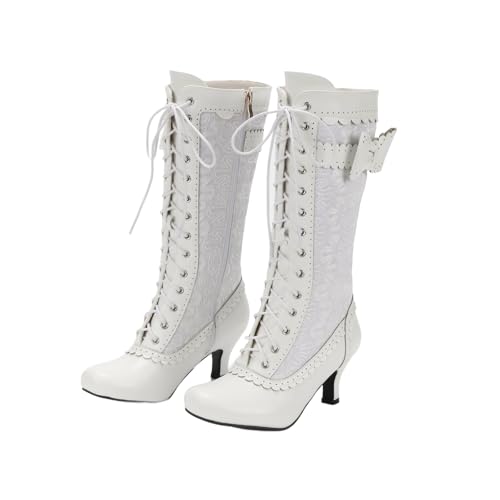 Women Bow High-Heeled Shoes Medieval Victorian Lace Up Calf Boot With Ruffles