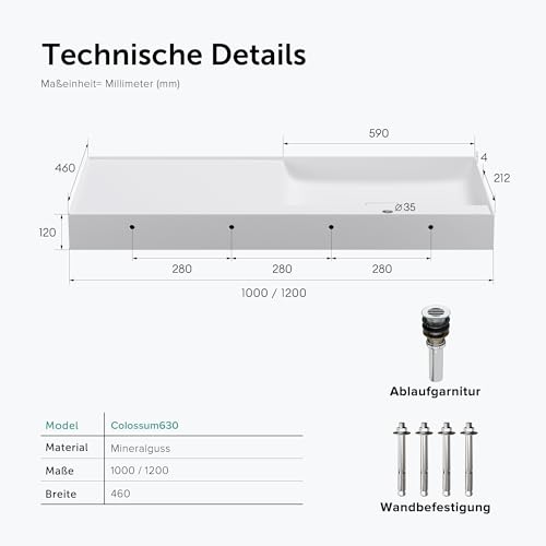 doporro Lavabo Izquierdo sobre Encimera Lavabo Suspendido de Mármol Fundido 120x46x12cm en Blanco Mate con Desagüe Colossum630 - imagen 7