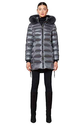 1 Madison Women s Long Winter Coat with Fox Fur Trimmed Hood, Titanium, Small