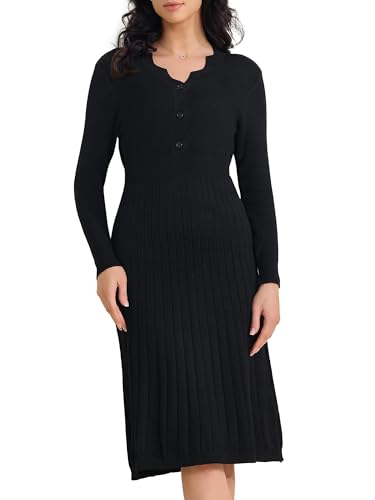 Allegra K Vestido de Punto Acanalado para Mujer Manga Larga Cuello en V Suéter Ligero Elegante Plisado Negro M
