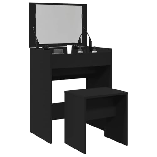 Teenpull Tocador moderno negro con espejo, taburete y espacio de almacenamiento, 60 x 40 x 113,5 cm, ideal para dormitorio y vestidor