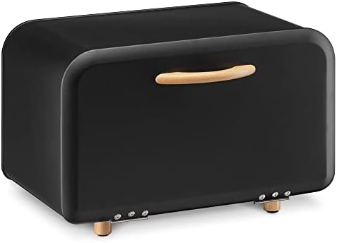 Navaris Bread Bin - Metal Bread Box Storage Tin with Front Opening Drop Down Door for Kitchen Counter or Shelf - Bakery Storage Container - Black