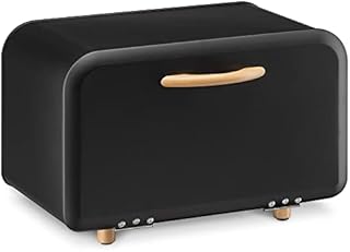 Navaris Bread Bin - Metal Bread Box Storage Tin with Front Opening Drop Down Door for Kitchen Counter or Shelf - Bakery Storage Container - Black