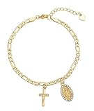 Pulsera Virgen De Guadalupe Chapada En Oro De 18k 20cm Para Mujer Joyería Religiosa Con Dije De Cruz Y Medalla Con...