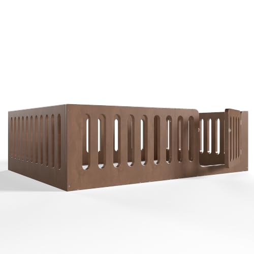 Image of Bellemave Queen Montessori Floor Bed Frame,Brown | Solid wood kids montessori floor bed with high safety fence & door, low to ground design for girls and boys