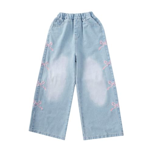 Bow Jeans for Girls Wide Leg Baggy Denim Pants Cute High Waisted Trousers Teen Y2k Clothes with Pockets 3-14Y4