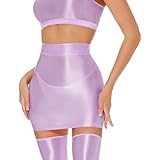 AUBIG オイル 光沢 ミニスカート 女性用 セクシー シャイニー ボディコン タイトペンシル ドレス クラブウェア パーティー ホット スカート, ライトパープル, X-Large