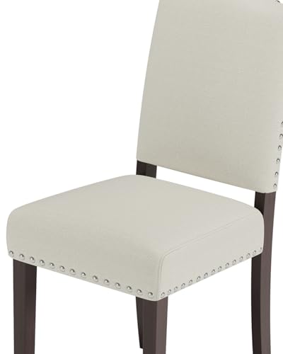 Image of Upholstered Dining Chairs Set of 2 with Thickened Seat Cushion, Wooden Mid-Century Modern Fabric Farmhouse Kitchen Chairs for Dining Room Living /Restaurant /Reading Room(Beige)