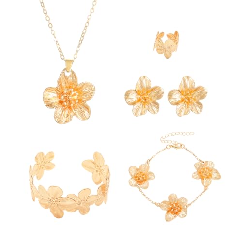 Gkaopi Parure de Bijoux Femme, Fleur Dorée Élégante Ensemble Bijoux, Collier Pendentif Romantique, Bracelet Manchette Ouverte, Réglable Bague, Glamour...