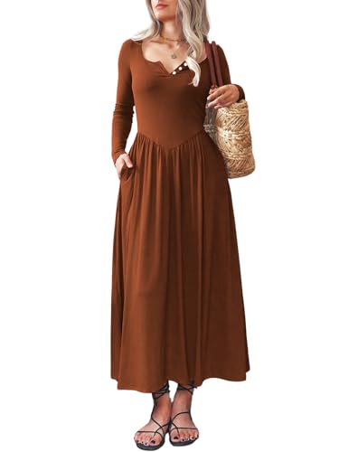 Image of Mieazom Long Sleeves Maxi Dress for Women A Line 2025 V Neck Casual Button Boho Tshirt Long Dress with Pockets