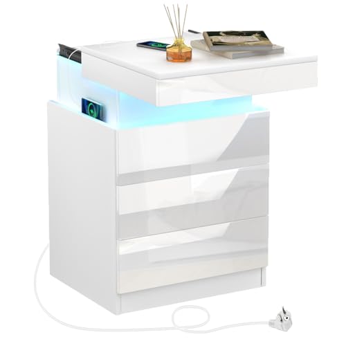 HaodaCulture Mesitas de Noche led, Mesita de Noche Inteligente, Mesilla de Noche con 3 Cajones Brillo, Tapa Push-Pull, 2...